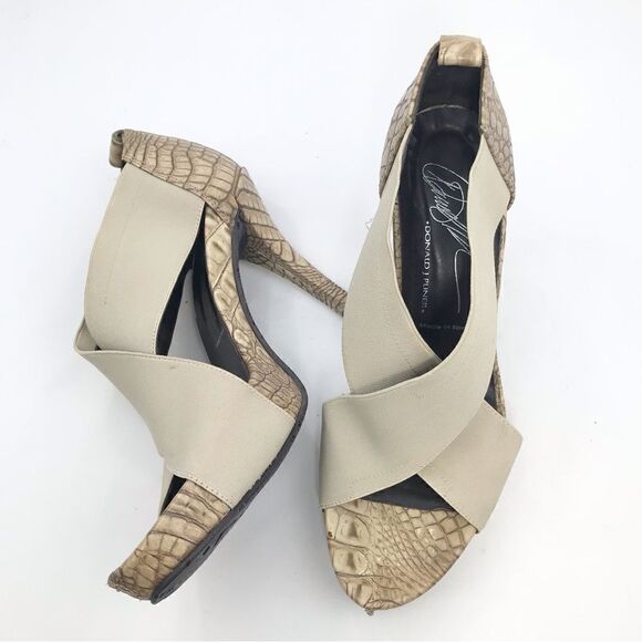 Donald J. Pliner Tan Crisscross Elastic Faux Crocodile Open Toe Heels - Picture 3 of 16